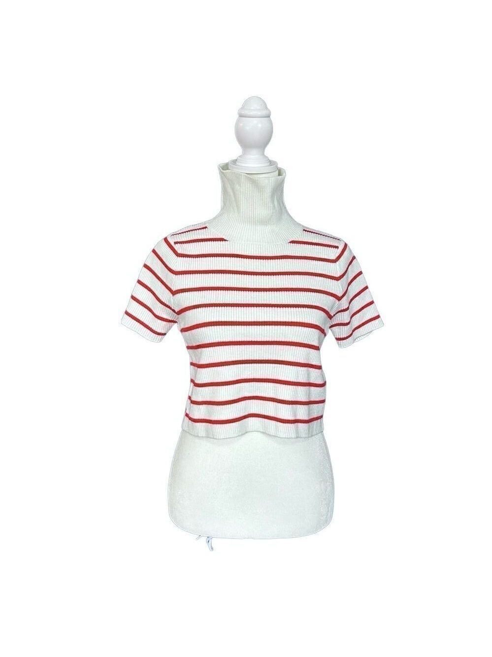 Callahan Lucy Red & White Stripe Turtleneck Short Sleeve Cropped Sweater Size XS